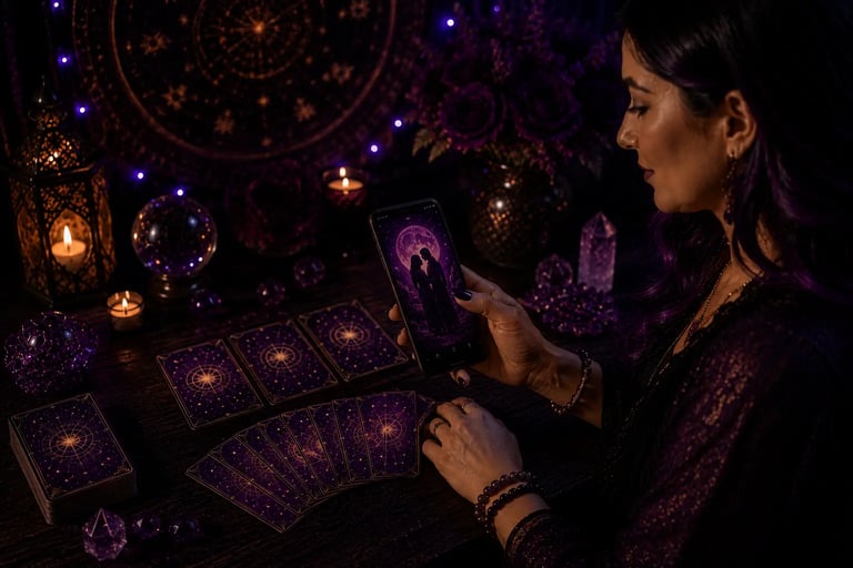 Cartas de tarot e celular na mesa em consulta de tarot do amor pelo whatsapp