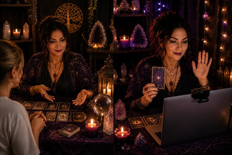 Comparação entre consulta de tarot presencial vs atendimento tarot online