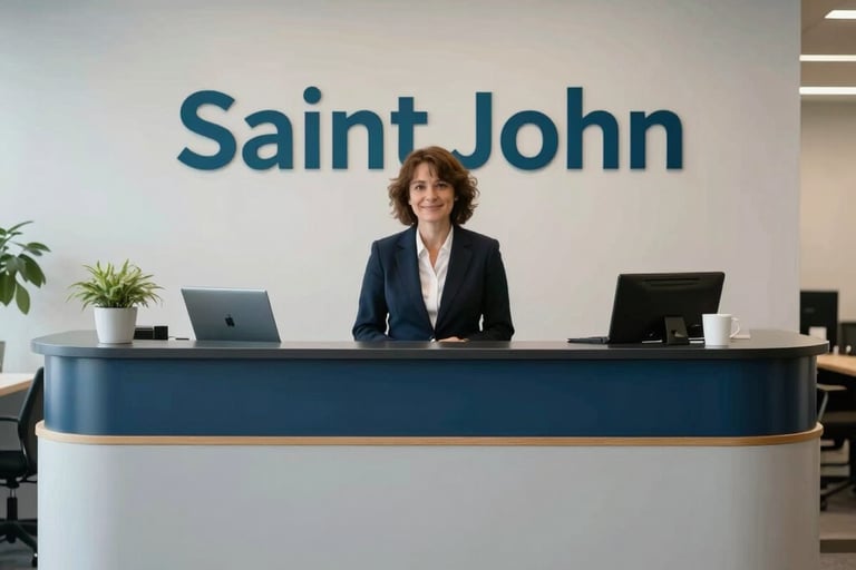 A professional and welcoming non-profit office reception in Saint John, Canada. The interior design is modern, with a clean palette of light grey, navy, and teal, reflecting trust and accessibility.