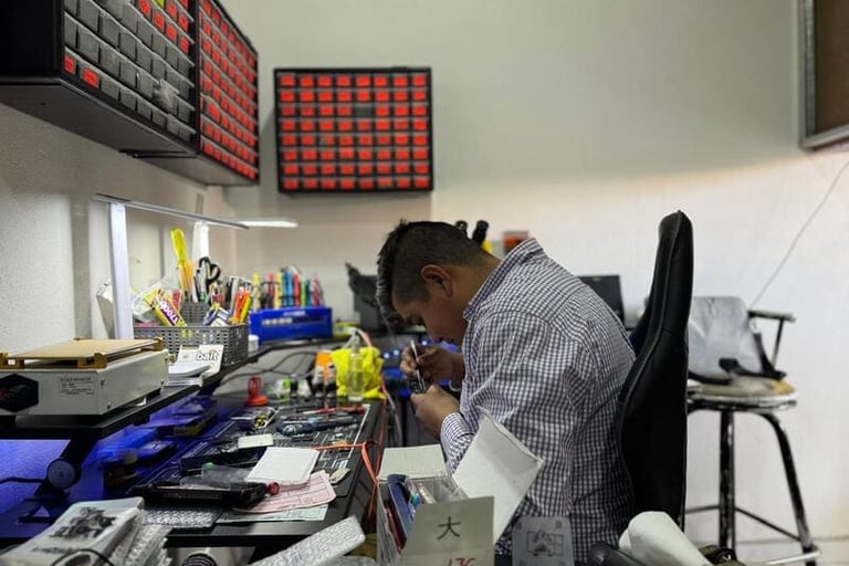 Técnico profesional realizando microsoldadura y reparación de teléfonos móviles en area de trabajo