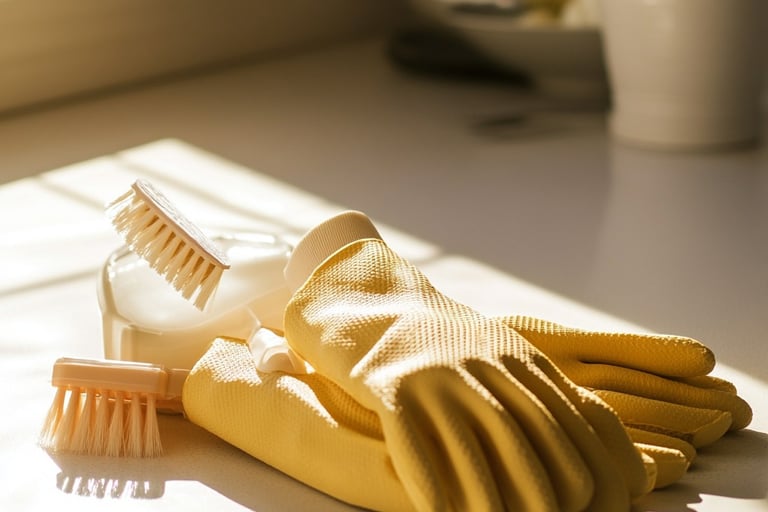 Produits et accessoires de nettoyage utilisés pour une prestation de ménage à domicile