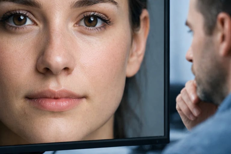 A person looking at a high-resolution facial image on a professional computer monitor for photo editing.