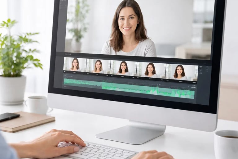 Professional video editing software on a desktop monitor showing a timeline and audio waveforms.