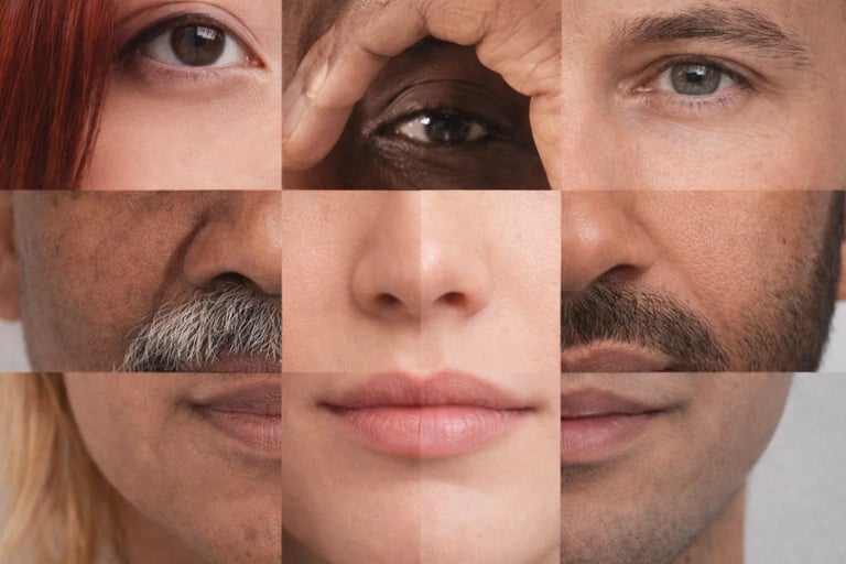 A diverse photo collage featuring close-ups of eyes, noses, and mouths of people from different ethnicities.