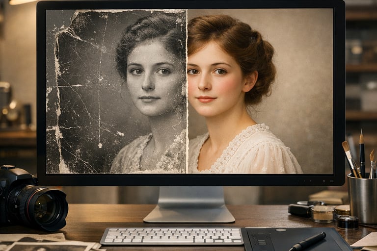 Professional old photo restoration showing a damaged vintage portrait being repaired on a computer screen.