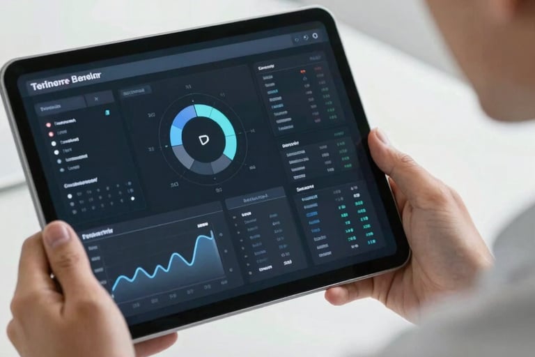Close-up of a professional business leader looking at a clean digital dashboard on a tablet, soft natural office light, focused and secure atmosphere.