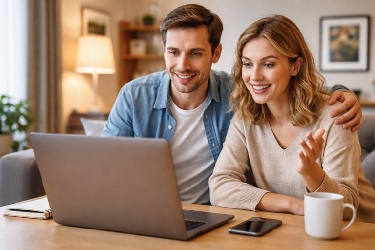A smiling young couple sitting together in a living room while looking at a laptop screen.
