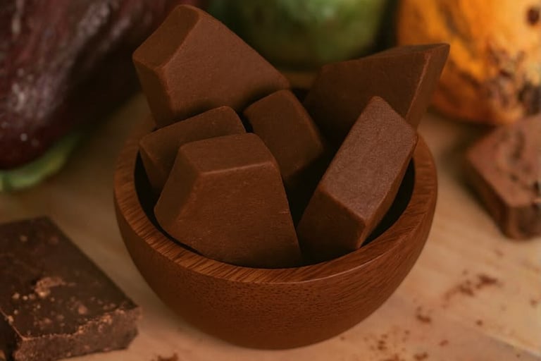 Pure Artisanal Cocoa Mass Blocks in a Wooden Bowl by Cocoa Prime