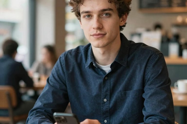 A portrait of a confident, calm young adult in a modern North American cafe setting, holding a smartphone. The background is softly blurred. Lighting is natural and optimistic. Colors: Dark Navy, Steel Blue, and Off White.