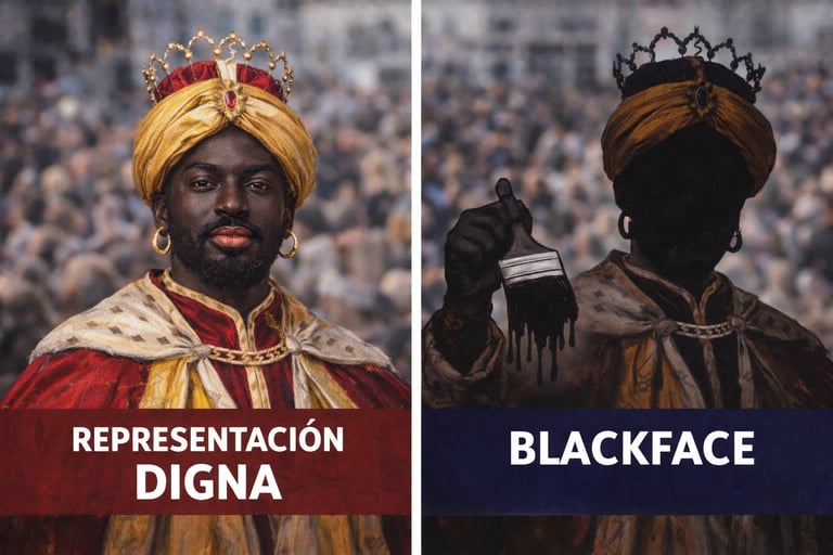 un hombre representado el rey mago Baltasar y el otro haciendo blackface no representando