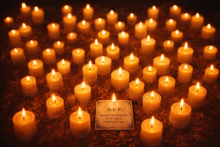 Many glowing memorial candles surround a commemorative plaque for migrants at a vigil.