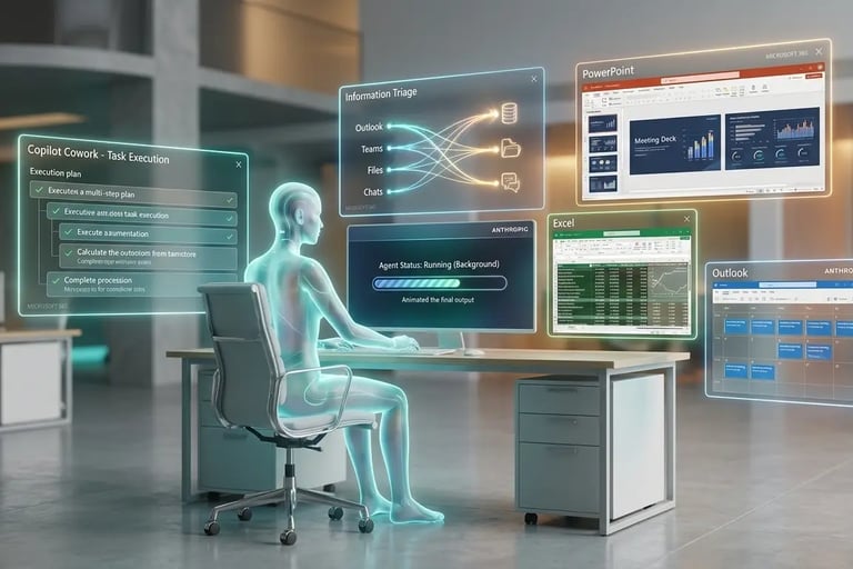 An AI agent autonomously managing office tasks across multiple apps simultaneously