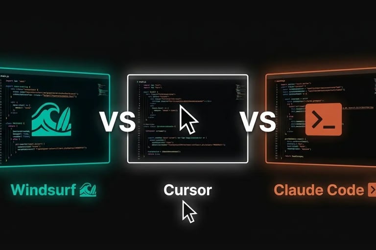 Windsurf vs Cursor vs Claude Code comparison — three AI code editors on dark screens side by side