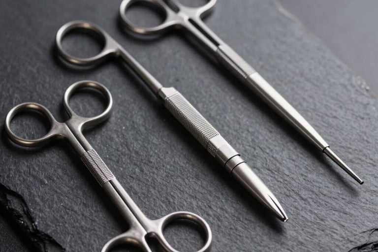 A collection of high-end neurosurgical instruments including silver-colored retractors and forceps, beautifully lit on a dark slate surface, emphasizing their sleek, professional design.