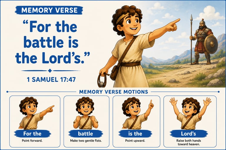 Bible memory verse illustration of David and Goliath with hand motions for 1 Samuel 17:47.