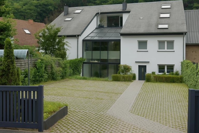 Maison moderne blanche avec grande véranda en verre et allée pavée entourée de verdure.
