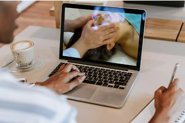 Personne regardant une vidéo de massage du visage sur un ordinateur portable .