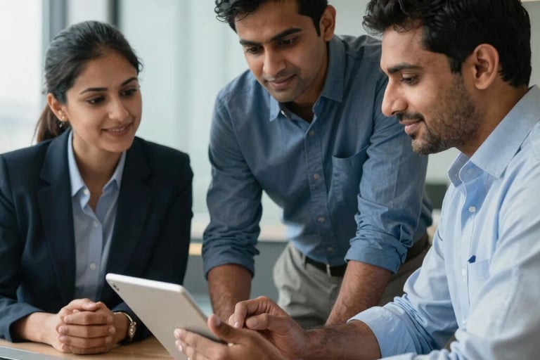 Professional South Asian / Indian business consultants in a modern office, reviewing data on a tablet, well-lit, confident and empathetic atmosphere, incorporating cool blue and grey tones.
