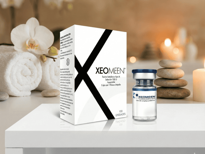 toxina botulínica marca Xeomeen producto en consultorio de spa con piedras de rio y toallas