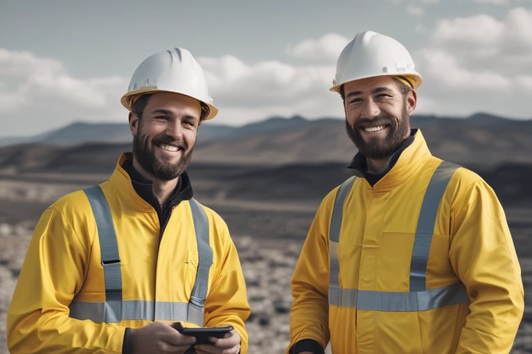 two men in yellow helmets and safety gear