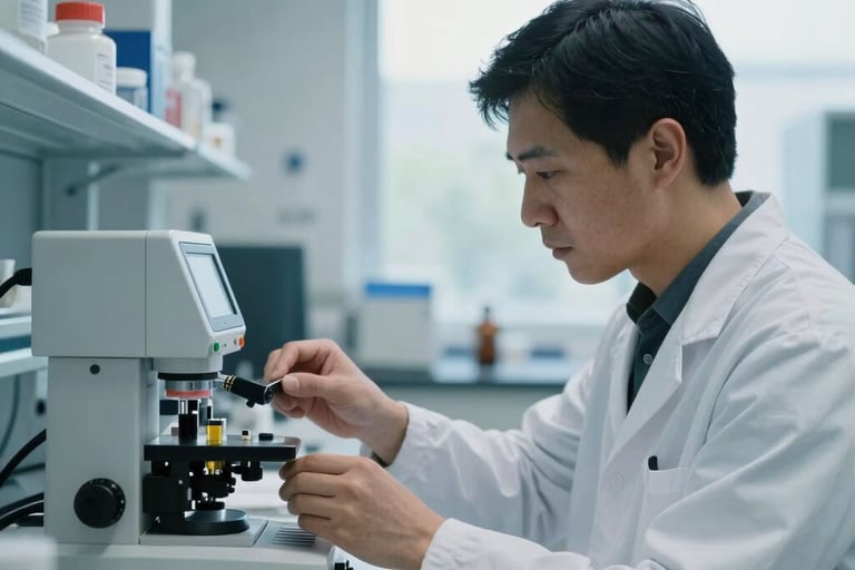 A professional photograph of a scientist in a clean, modern lab, adjusting a sophisticated sensing device. The background is a soft blur of steel blue and light mist colors. Natural light coming through a large window. North American laboratory setting.