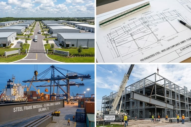 Licensed construction crew erecting pre-engineered steel apartment complex framework in Florida