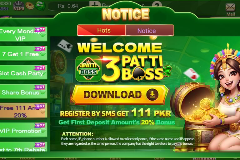 3 Patti Boss card game in Pakistan with 111 bonus and 20 percent cashback