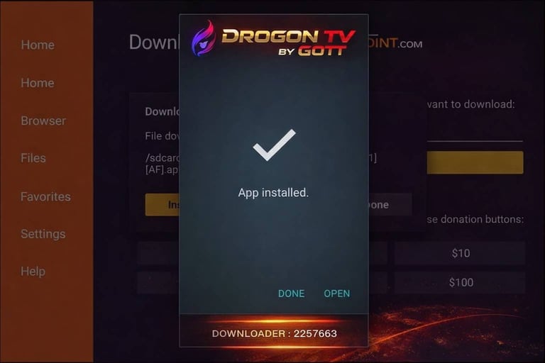 NUFU TV app installation screen showing a successful app installed message with checkmark icon.