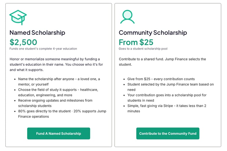 Jump Finance scholarship giving tiers: Named Scholarship and Community Scholarship