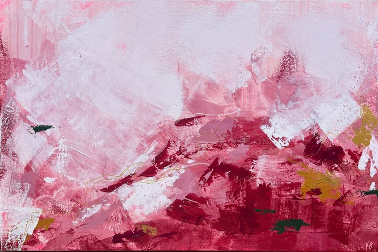 Kate Young abstract painting, size 24x36, rose and crimson and white, Guelph Artist