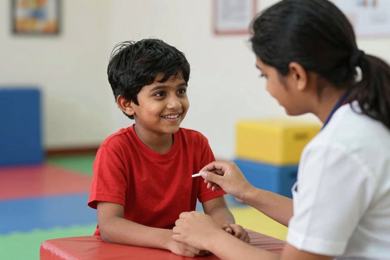 A heartwarming photography of a South Asian child smiling while engaging in occupational therapy, vibrant colors, professional care setting in Hyderabad.