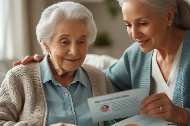 Ältere Person  und Angehöriger betrachten gemeinsam einen einfachen Leitfaden, um Demenz zu verstehen