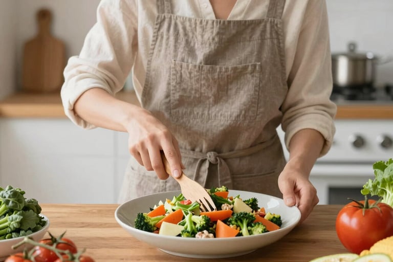A friendly chef cooking in a cozy home kitchen with fresh ingredients around.