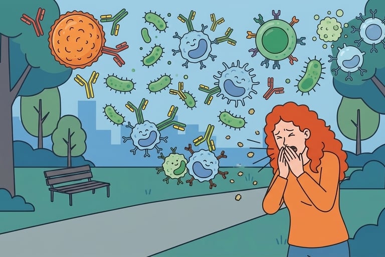 Illustration of a woman sneezing in a park with floating pollen, bacteria, and immune system antibodies.