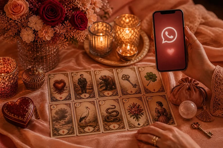 Mesa de consulta online de Baralho Cigano com cartas Lenormand e velas, focada em orientação amorosa