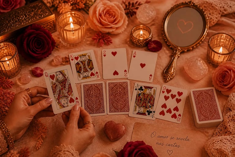 Consulta de cartomancia do amor com baralho comum de 52 cartas sobre mesa mística para orientação