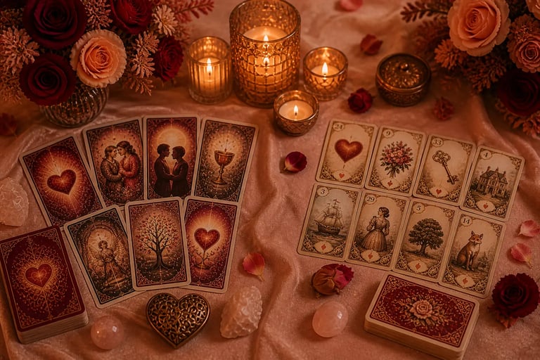 Comparativo entre as cartas do Tarot do Amor e o Baralho Cigano sobre uma mesa de consulta esotérica
