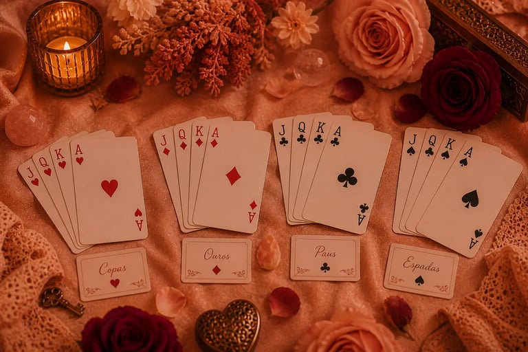 Os quatro naipes do baralho comum na cartomancia do amor.