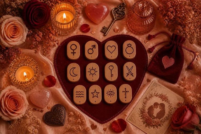 Conjunto de 13 runas das bruxas para consulta online sobre amor, destacando a runa do destino