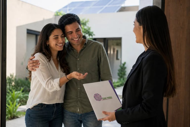 A smiling young couple meeting with a real estate agent at the entrance of a modern home.