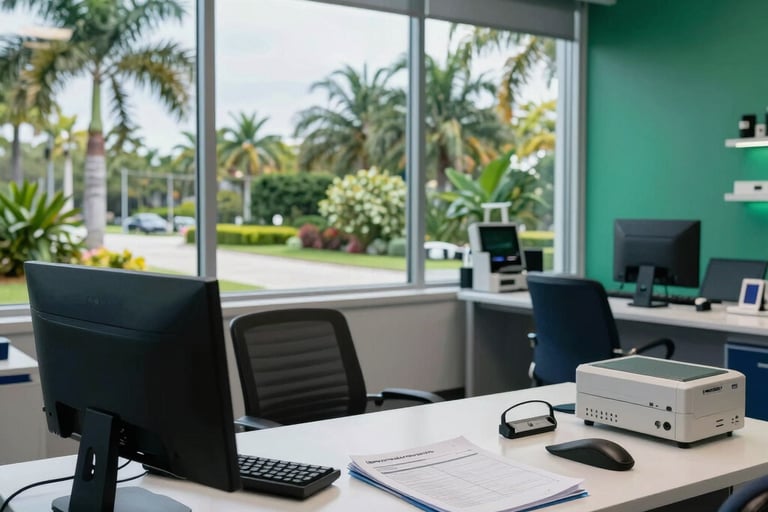 A high-end, professional medical billing office with clean desks and modern technology. Large windows overlooking a lush Florida landscape. Sophisticated atmosphere with charcoal navy and emerald green accents. North American / US.