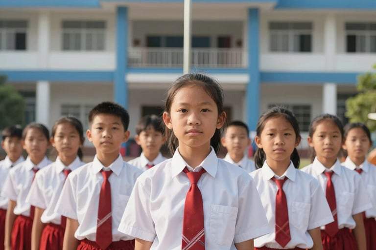 A group of Southeast Asian elementary students in white and red uniforms standing proudly in front of a modern school building with a flag pole, blue and white colors, bright morning sun.