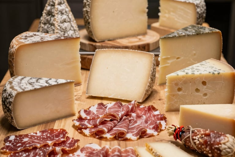 Gourmet charcuterie board featuring various artisanal cheeses and cured meats on a wooden platter.