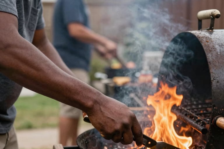 A man uses a metal spatula to grill food over a flaming charcoal BBQ in a backyard.