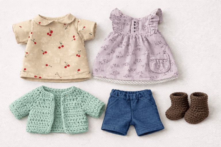 Ropa para muñeca que incluye una blusa con estampado de cerezas, vestido morado, cárdigan