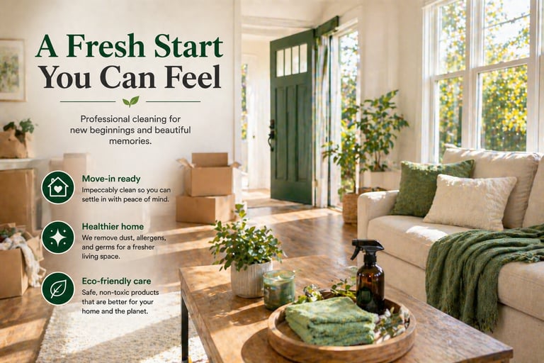 Professional move-in cleaning service for a bright, sunlit living room with eco-friendly products.