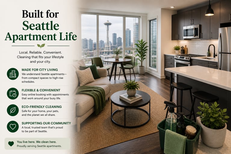 Modern Seattle apartment living room with Space Needle view and eco-friendly cleaning service details.
