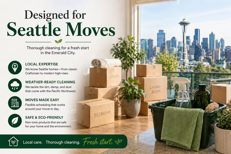 Professional move-out cleaning services in Seattle featuring cleaning supplies and boxes with a Space Needle view.