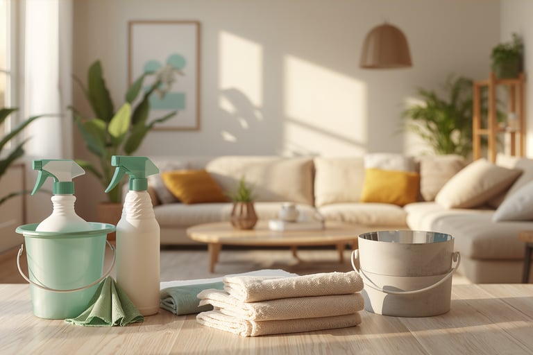 Professional eco-friendly cleaning supplies including spray bottles and towels on a table in a bright living room.