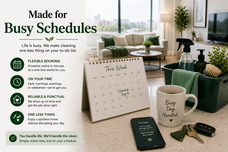 Professional home cleaning service advertisement featuring a weekly calendar, cleaning supplies, and a cozy living room.